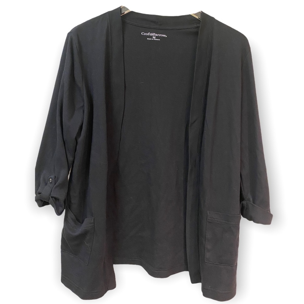 Croft & Barrow Open Black Cotton Cardigan Pockets Rolled Sleeve Casual Wear